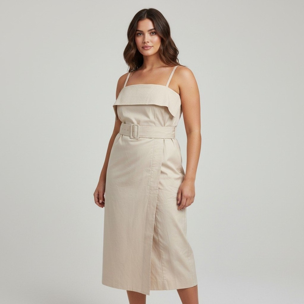 Reiss Dhalia Cotton Cargo Midi Dress Stone Beige Belted Utility Size US 14 NEW